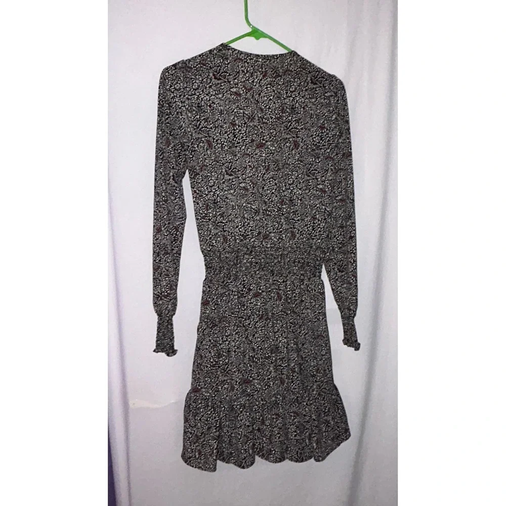 Michael Kors Black Floral‎ Print Long Sleeve Dress XS Mini Ruffle Hem